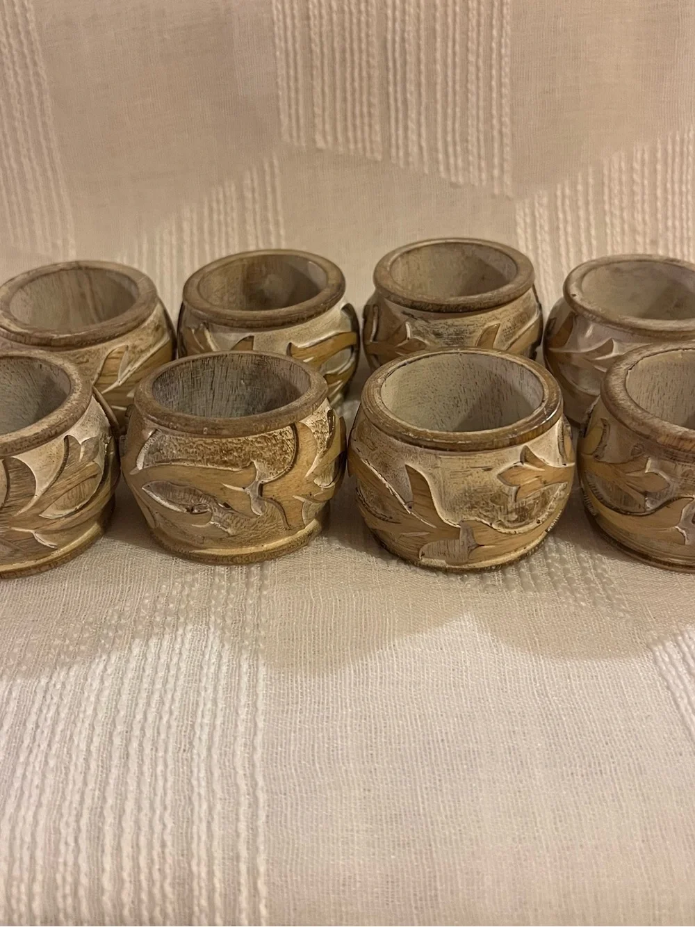 Pier 1 Carved Wooden Napkin Rings Set of 8 - whitewashed